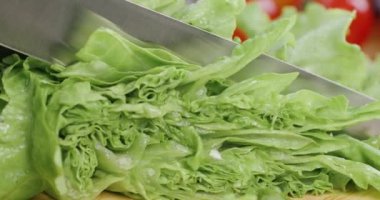 Şef salata yapraklarını yavaş çekimde bıçakla kesiyor salata yapıyor, taze sebzeler kesiyor..