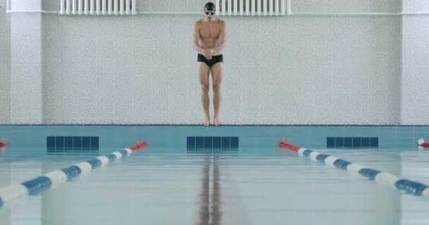 若い運動選手は水に飛び込んでプールで泳ぎ 男は水で訓練します 4Kの遅い動き — ストック動画