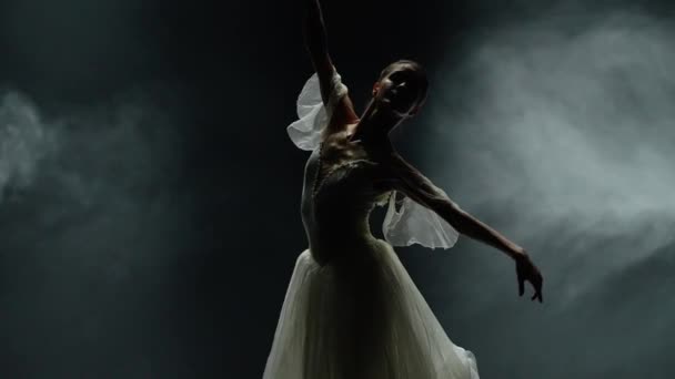 Gyönyörű Drámai Tánc Elegáns Fehér Tütüben Balerina Koreografikus Elemeket Elő — Stock videók