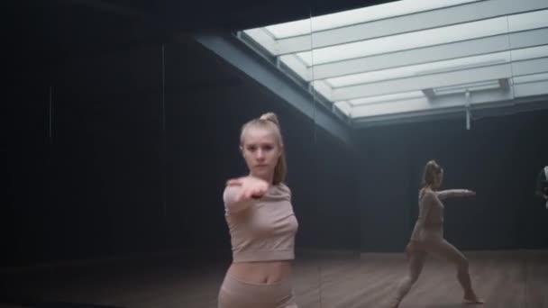 年轻女子在有轻线条的镜室里跳舞 柔韧女子在有瑜伽元素的镜室里跳伸展舞 — 图库视频影像