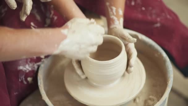 Top View Production Handmade Tableware Young Couple Potter Makes Pitcher — Stock Video