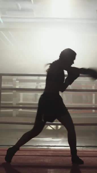 Kickboxing Mulher Lutadora Treina Seus Socos Bate Saco Perfuração Dia — Vídeo de Stock
