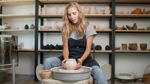 Pottery Workshop Handicraft Young Woman Potter Makes Pitcher Out Clay — Stock Video
