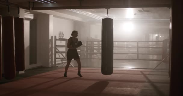 Boxeo Mujer Luchadora Entrena Sus Golpes Supera Saco Boxeo Día — Vídeos de Stock