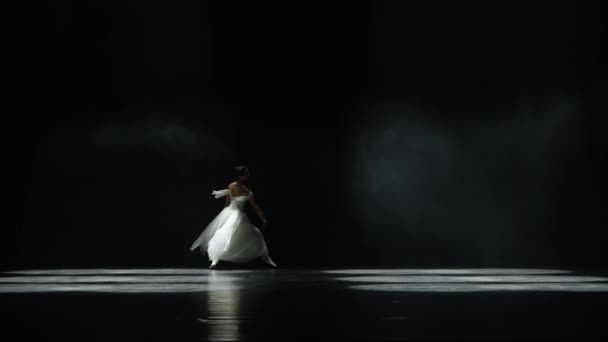 バレエパフォーマンス 白いチュートゥダンスで優雅なバレリーナと黒の背景で劇的な振付要素を実行します 風と美しいダンス スローモーション — ストック動画
