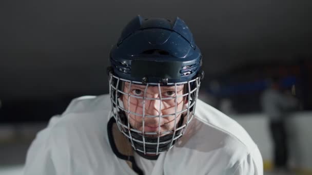 Slow Motion Portrait Forward Hockey Player Seriously Looking Camera Steam — Stock Video