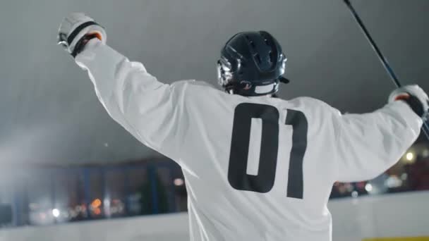 Slow Motion Anonymous Hockey Player Rejoices Victory Match Man White — Stock Video