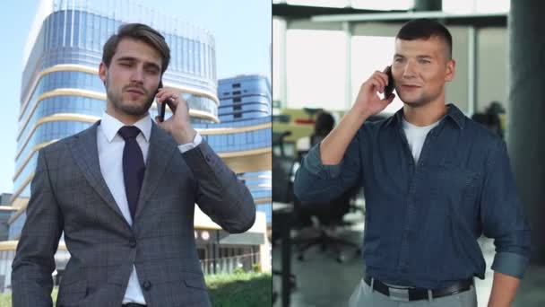 Бізнесмени Спілкуються Мобільних Телефонах Топ Менеджер Костюмі Стоїть Біля Скляного — стокове відео