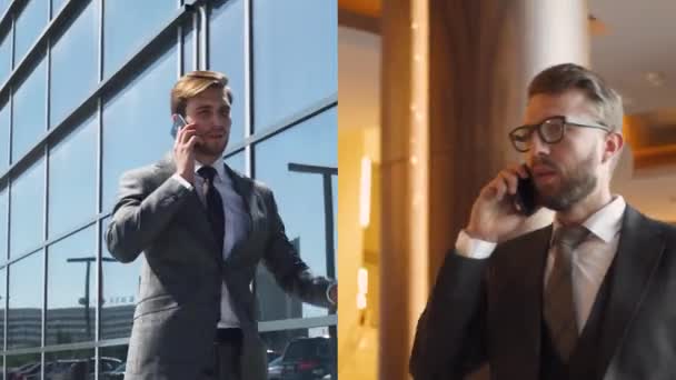 Aufgespaltener Bildschirm Geschäftsleute Kommunizieren Handy Miteinander Top Manager Anzug Reden — Stockvideo
