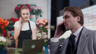 Ekranı böl, kadın çiçekçi genç işadamıyla çiçeklerin sırasını, cep telefonlarıyla iletişimi, video kolajını tartışıyor.
