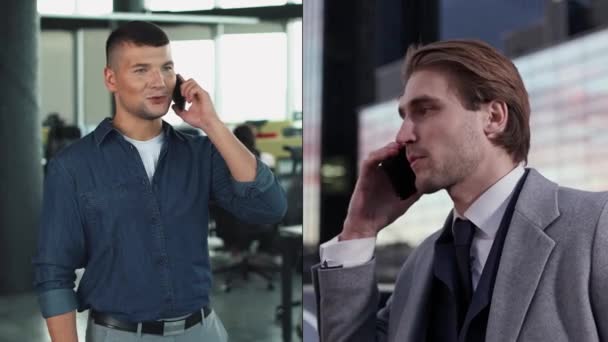 Aufgespaltener Bildschirm Geschäftsleute Kommunizieren Handy Top Manager Anzug Steht Der — Stockvideo
