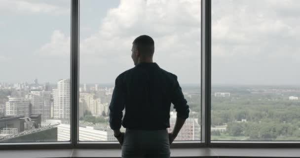 近代的なオフィス パノラマウィンドウの近くに立っている若いビジネスマンのバックビュー 男は街を見ます — ストック動画