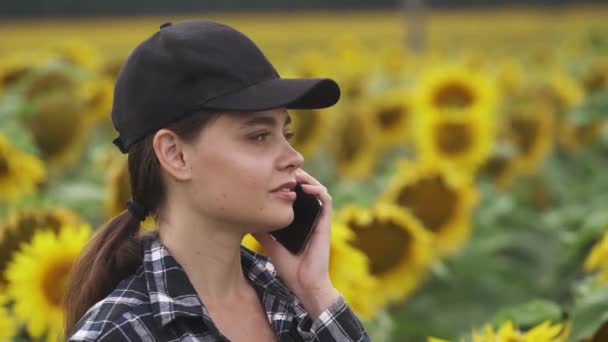 在农村 年轻的女农场主站在向日葵田边 一边用手机聊天 一边用智能手机调查植物 — 图库视频影像