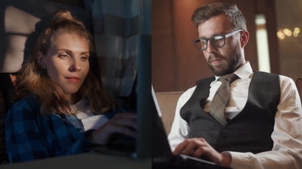 年轻妇女和商人坐在膝上型计算机前 一边打字一边聊天 一边聊天 拼贴视频 一边进行分屏 — 图库视频影像