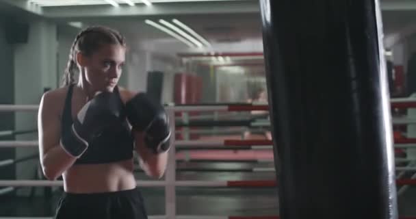 Boxing Female Fighter Trains His Punches Beats Punching Bag Training — Stock Video