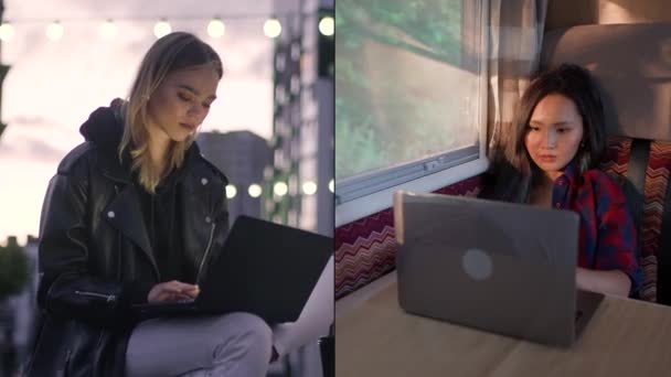 Split Screen Młoda Kobieta Komunikują Się Przyjacielem Odległość Pomocą Laptopów — Wideo stockowe
