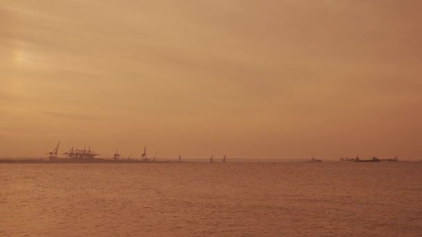 ハンドヘルド 産業風景 地平線 海上の物流港の眺め 貨物船 黄金の時間 日没時間のコンテナのローディングのためのクレーン — ストック動画