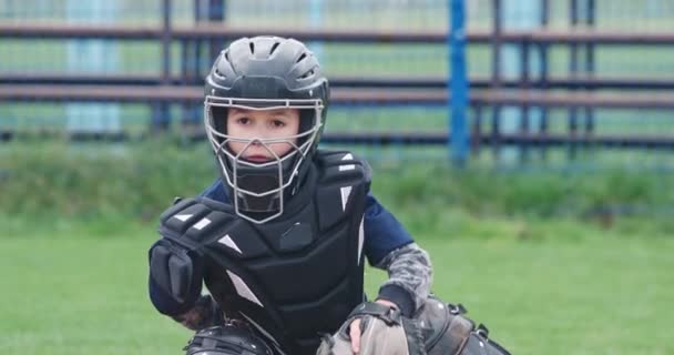 Portrait Boy Baseball Player Blurry Background Catcher Protective Gear Ready — Stock Video