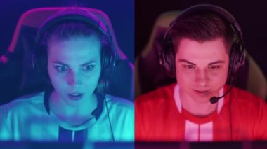 Bölünmüş ekran, kulaklıklı odaklanmış oyuncuların portreleri, iki takım oyuncusunun karşılaşması, uluslararası şampiyonada siber sporcular, mavi ve kırmızı neon ışıklı.