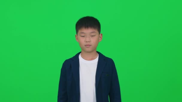 Yeşil Arka Planda Kameraya Bakan Neşeli Asyalı Bir Çocuğun Portresi — Stok video