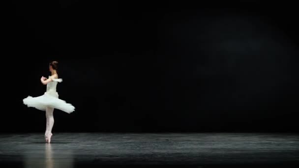 Beyaz Etekli Zarif Balerin Siyah Arka Planda Dramatik Koreografik Elementler — Stok video