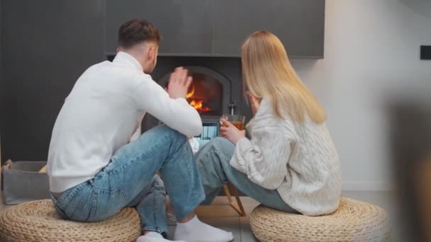 ハンドヘルド 若いカップルはリビングルームの暖炉に座り ラップトップ 休日の時間を使用してビデオ通話で祖母と通信する — ストック動画
