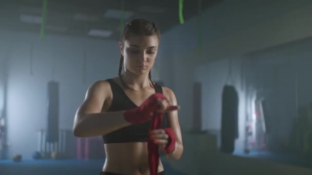 Belarus Minsk September 2021 Woman Fighter Wraps Her Hands Boxing — Stock Video