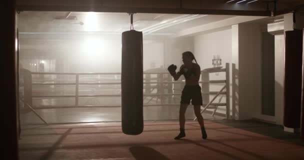 女性戦闘機は彼のパンチを訓練し パンチバッグを打つ ボクシングジムでトレーニング日 バックライト ボクシング — ストック動画