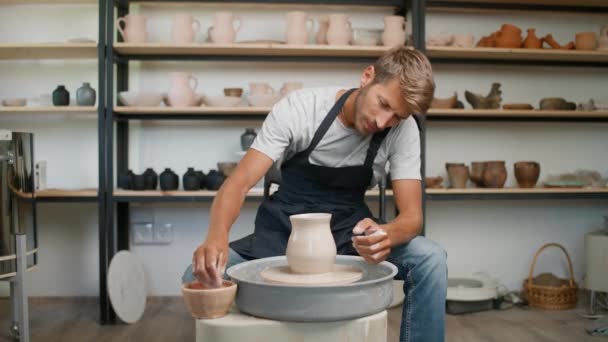 Handicraft Man Ceramist Makes Pitcher Out Clay Handicraft Production Handmade — Stock Video