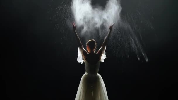 Elegante Frau Weißem Tutu Ballerina Führt Choreografische Elemente Auf Schwarzem — Stockvideo
