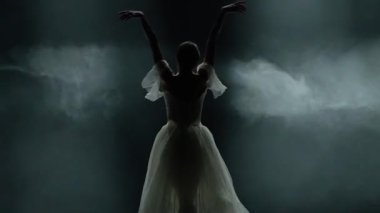 Bale provası, dramatik dans, beyaz etekli zarif bir kadın, balerin siyah arka planda koreografik elementler sergiliyor, karanlık bir sahnede sis etkisi..
