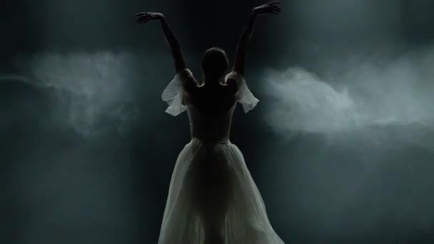 Baletní Zkouška Dramatický Tanec Elegantní Žena Bílém Kostýmu Baletka Předvádí — Stock video