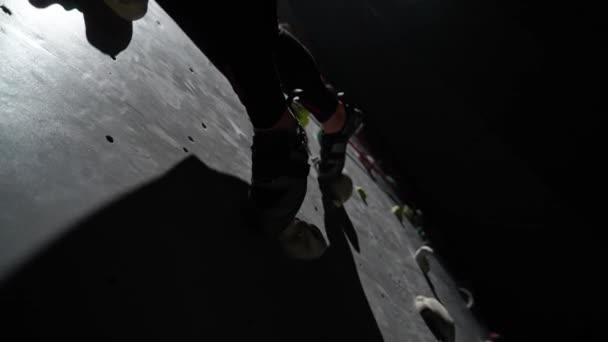 若い女性のクライミングウォールでのクライミングトレーニング ロッククライミングを実践し 保険を使って崖から降りる — ストック動画