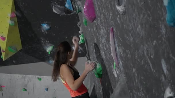 Treinamento Alpinista Feminina Portátil Jovem Uma Parede Escalada Praticando Escalada — Vídeo de Stock
