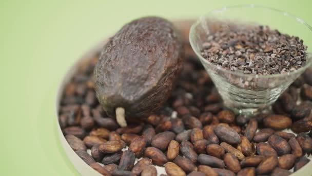 Cacaobonen Blik Cacaovruchten Grondstoffen Voor Het Maken Van Chocoladeproducten Macro — Stockvideo