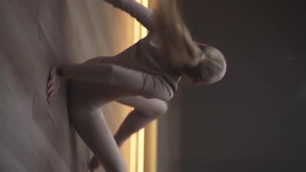 年轻女子在体育馆里跳舞 柔韧的女子用瑜伽元素表演优美的伸展舞蹈 社交网络的垂直视频 柔软的焦点 — 图库视频影像