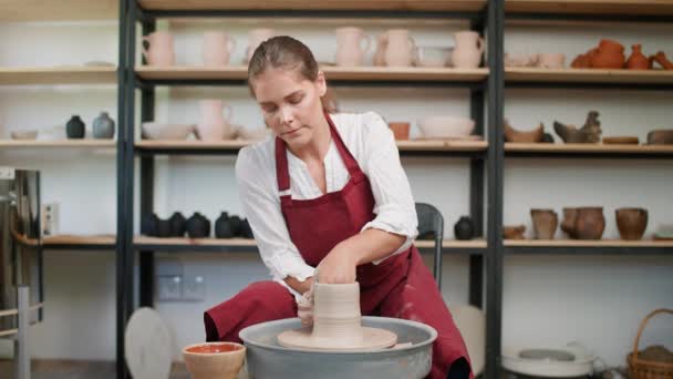 Pottery Workshop Woman Ceramist Makes Pitcher Out Clay Handicraft Production — Stock Video