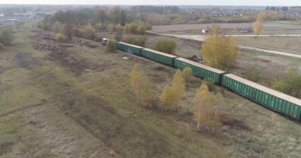 白俄罗斯 明斯克 2019年10月12日 将树干回收成碎片 从高处看火车上的木屑 运输和装卸树木 — 图库视频影像