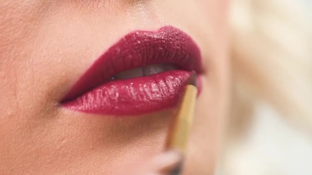 Beauty Shooting Makeup Artist Paints Lips Girl Model Close — Stock Video