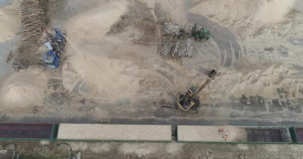 白俄罗斯 明斯克 2019年10月12日 将树干回收成碎片 在货运列车上装载树木碎片的液压机 从高处看 — 图库视频影像