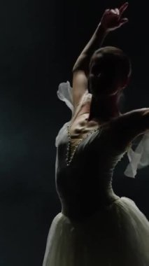 Bale gösterisi, dramatik dans, beyaz etekli zarif balerin, siyah arka planda koreografik elementler, karanlık sahne, dikey video..