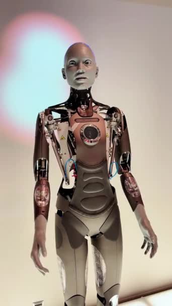 ポーランド ワルシャワ 2024年3月28日 人型アシスタントロボットは 人工知能を備えた現実的なロボット Aiとのコミュニケーションプロセスと通信する — ストック動画