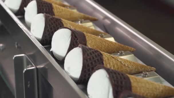 アイス クリームの生産 コンベヤー 生産ライン 乳製品のPlombirのアイス クリームが付いている交通機関のWffle Cone — ストック動画