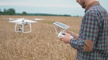 Tarım, çiftçi adam çavdar tarlasında dikilirken kuadkopteri kontrol eder, ekolojist çavdarın büyümesini ve olgunlaşmasını analiz eder..
