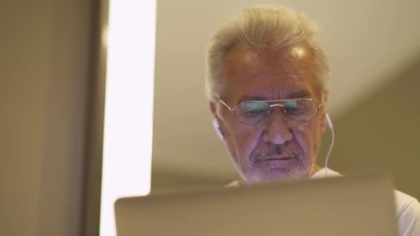 Портативный Портрет Пожилого Седого Мужчины Очках Смотрящего Экран Ноутбука Сфокусированный — стоковое видео