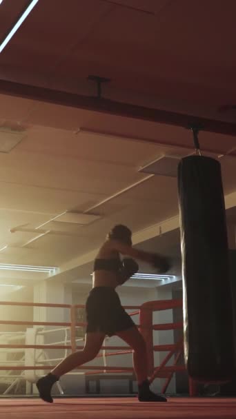 Kadın Boksör Yumruklarını Eğitiyor Kum Torbasını Dövüyor Boks Salonunda Antrenman Stok Video