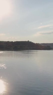 Altın saat, doğal arka plan, gün batımında ulusal parktaki göl manzarası, ufukta orman manzarası, dikey video..