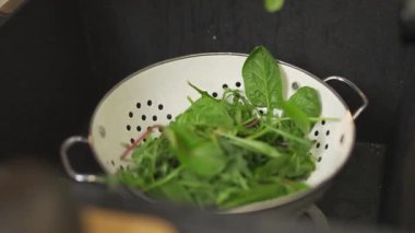 Yavaş çekim, yakın görüş, salata için taze ıspanak ve sebzeler, sağlıklı bir yemek hazırlamak..