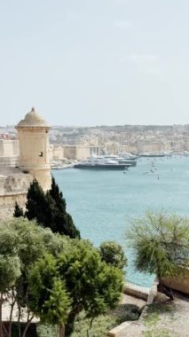 Güney Avrupa, eski şehrin güzel manzarası, mimari ve yat limanı, dikey video manzarası, Malta, Valletta durağan arka plan.