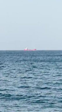 Dikey video, ufuktaki kargo gemisinin görüntüsü, oradan geçen feribot, doğa manzarası, su yüzeyi, deniz manzarası.